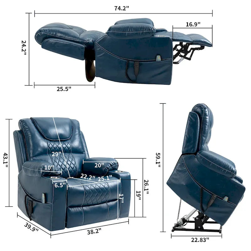 Fauteuil inclinable électrique réglable en hauteur en cuir PU bleu extra-large