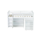Lit mezzanine double avec bureau coulissant, 2 armoires, 4 tiroirs et étagères