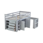 Lit mezzanine double avec bureau coulissant, 2 armoires, 4 tiroirs et étagères