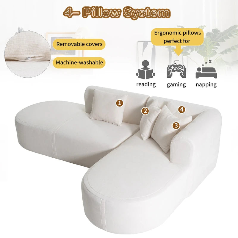 Canapé d'angle quatre places en polyester au design incurvé et surpiqûres larges.