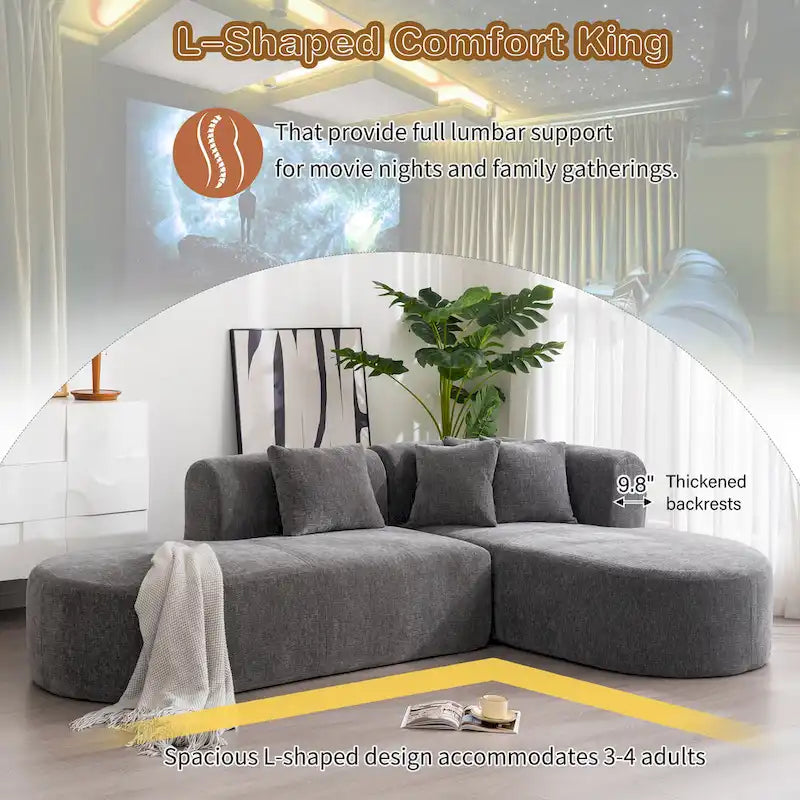 Canapé d'angle quatre places en polyester au design incurvé et surpiqûres larges.