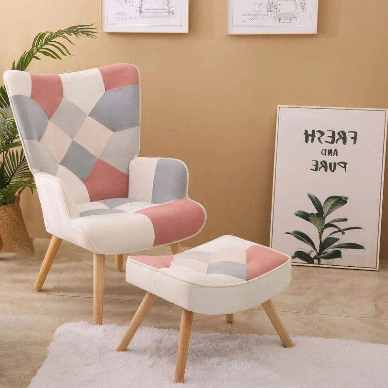 Fauteuil confortable pour chambre à coucher, avec revêtement en tissu patchwork créatif