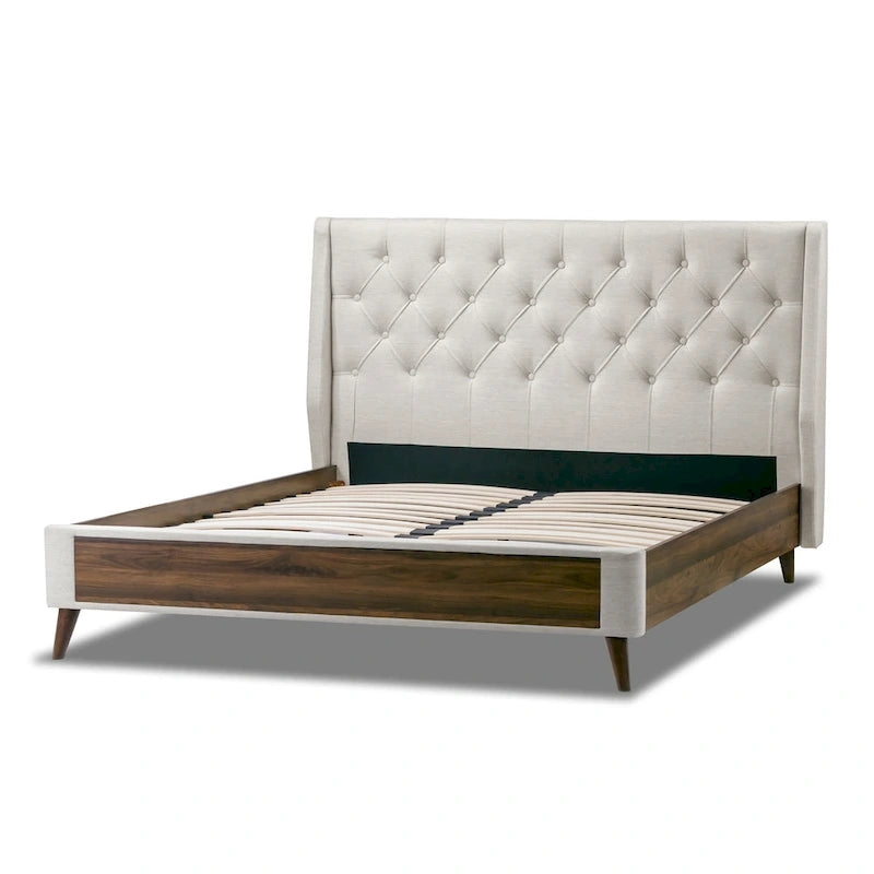 Lit en tissu beige capitonné