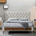 Lit en tissu beige capitonné