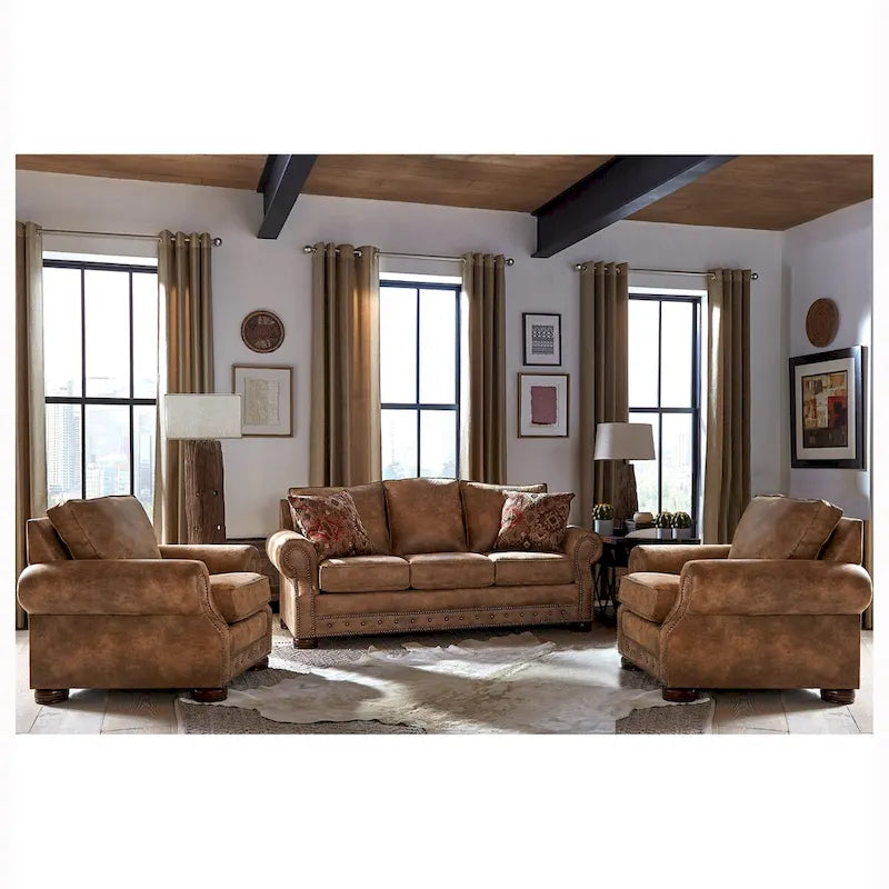 Canapé-lit et deux fauteuils en tissu suédine marron country