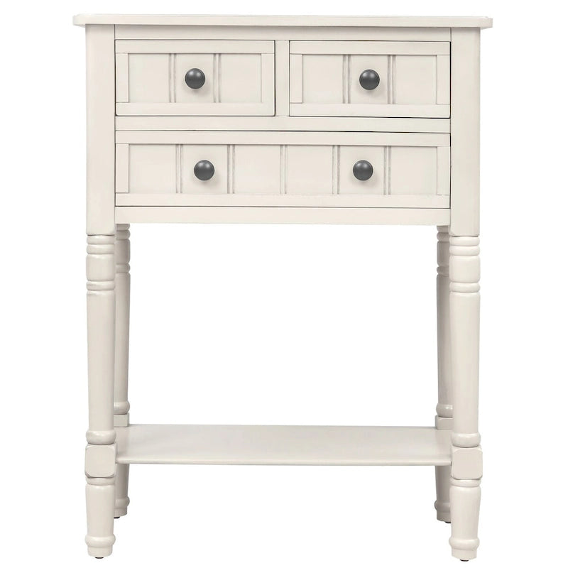 Console en bois massif vieilli avec trois tiroirs de rangement et une étagère inférieure