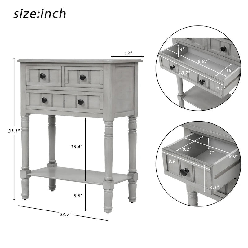 Console en bois massif vieilli avec trois tiroirs de rangement et une étagère inférieure