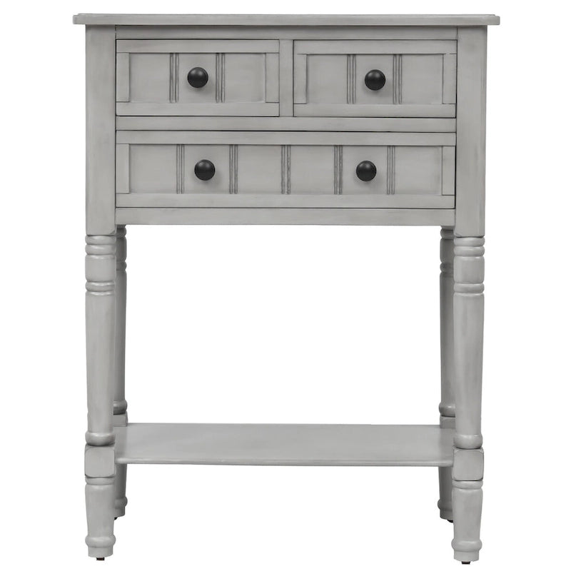 Console en bois massif vieilli avec trois tiroirs de rangement et une étagère inférieure