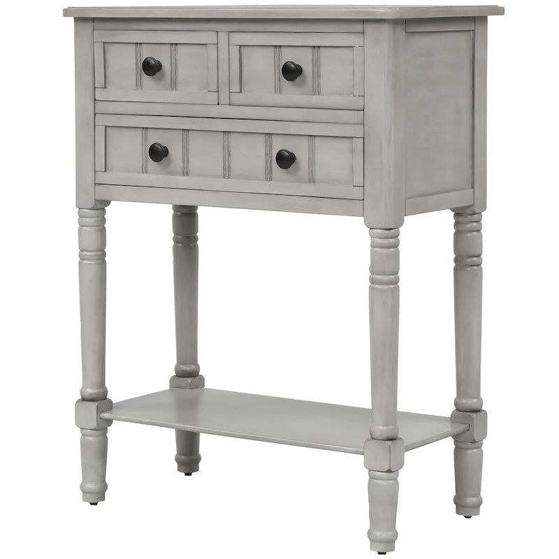 Console en bois massif vieilli avec trois tiroirs de rangement et une étagère inférieure