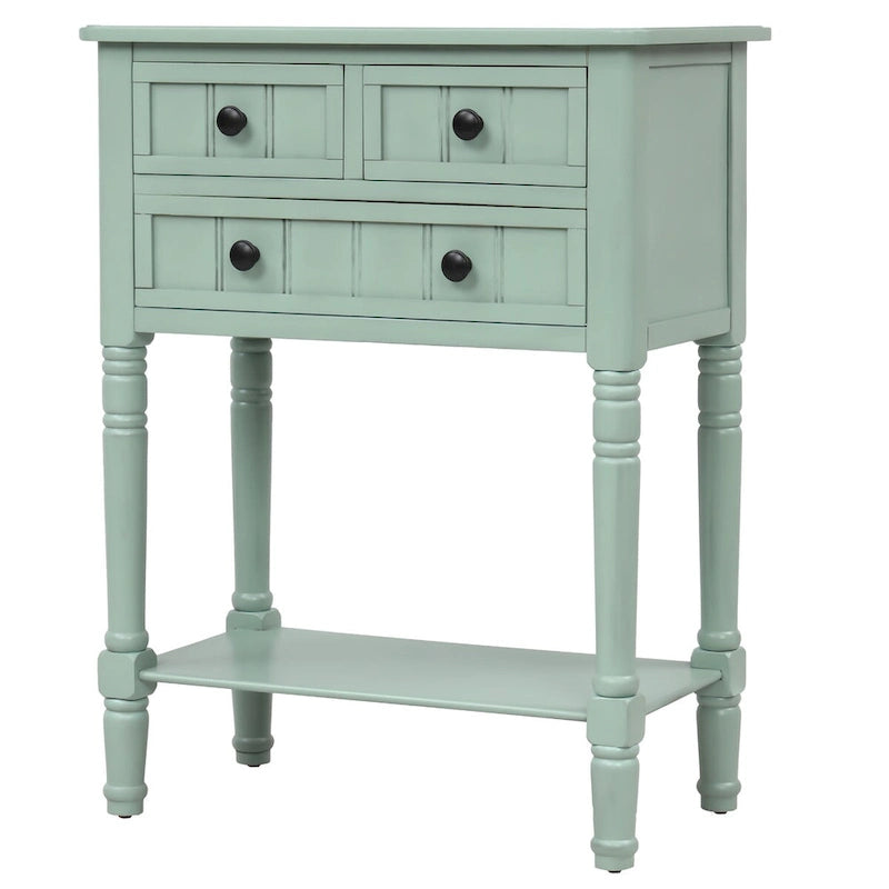Console en bois massif vieilli avec trois tiroirs de rangement et une étagère inférieure