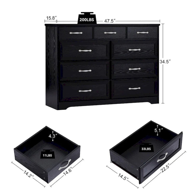 Coiffeuse de chambre à coucher, longue coiffeuse à neuf tiroirs