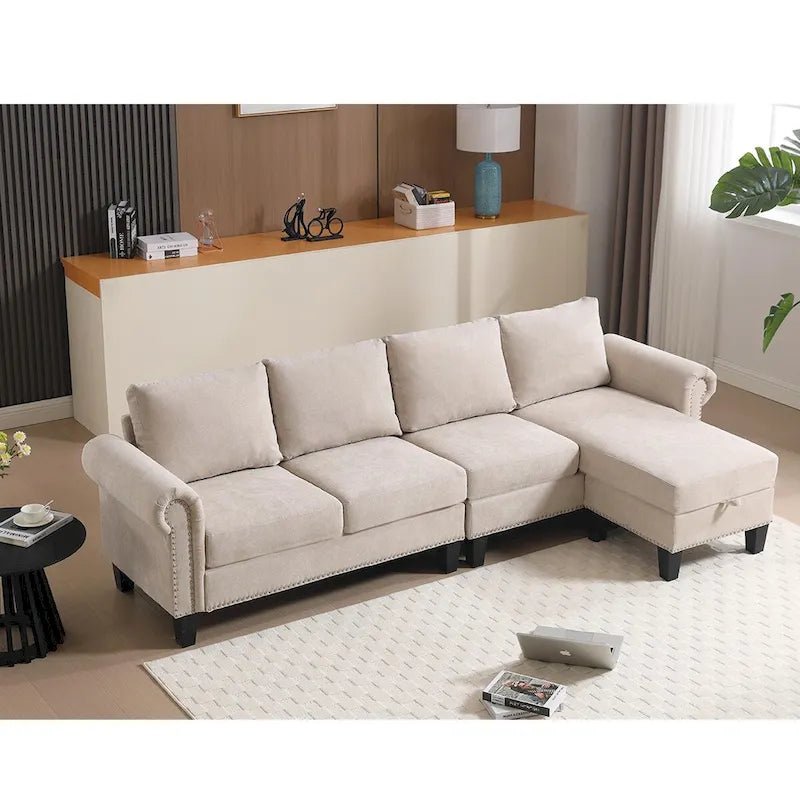 Canapé d'angle convertible avec pouf de rangement, canapé en L
