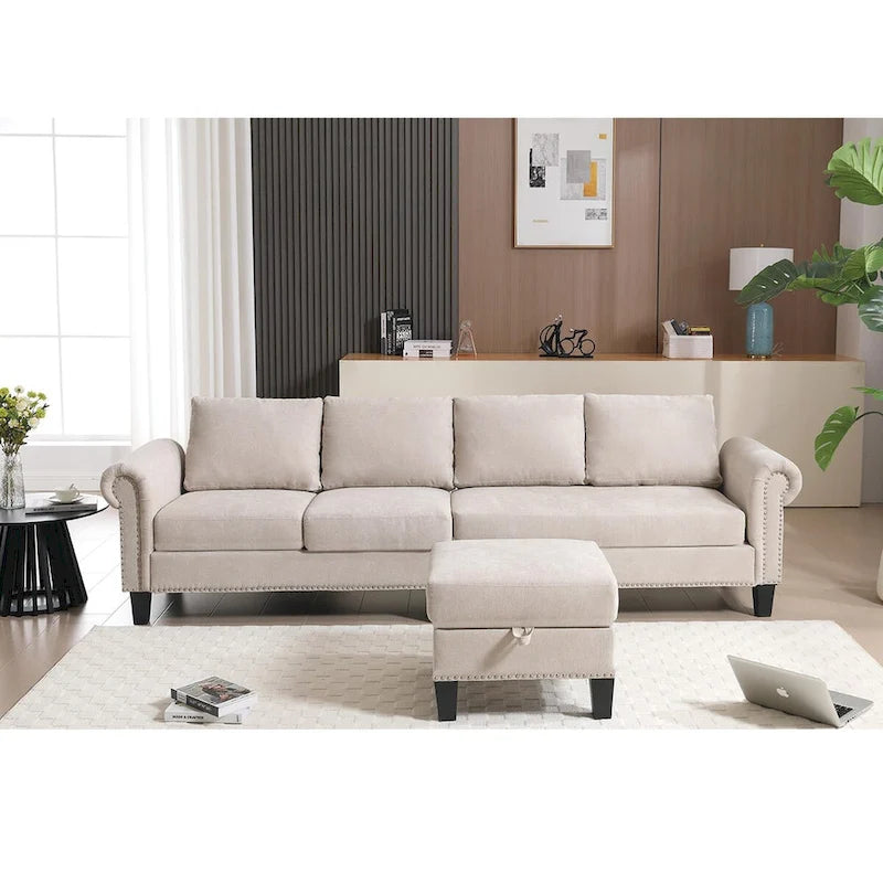 Canapé d'angle convertible avec pouf de rangement, canapé en L