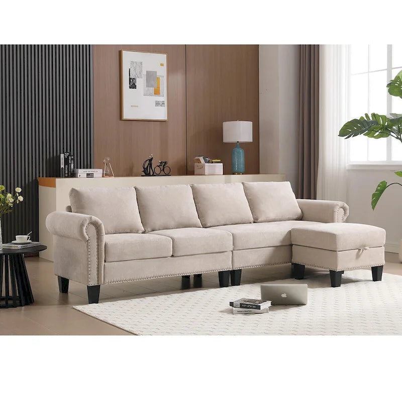 Canapé d'angle convertible avec pouf de rangement, canapé en L