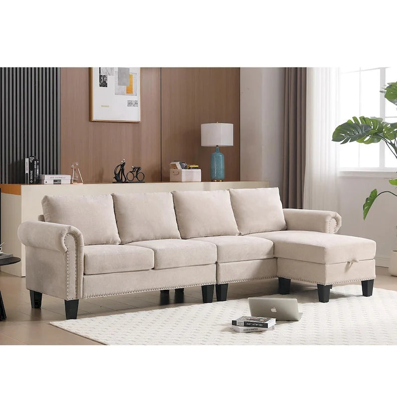 Canapé d'angle convertible avec pouf de rangement, canapé en L