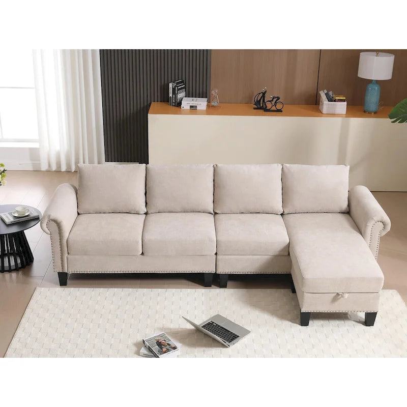 Canapé d'angle convertible avec pouf de rangement, canapé en L