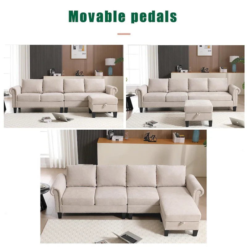 Canapé d'angle convertible avec pouf de rangement, canapé en L