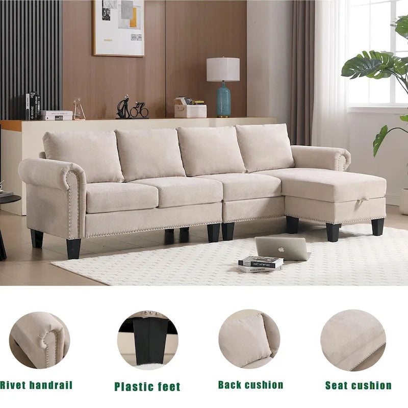 Canapé d'angle convertible avec pouf de rangement, canapé en L