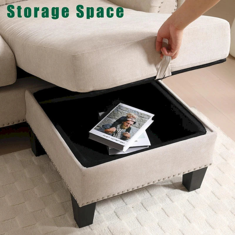 Canapé d'angle convertible avec pouf de rangement, canapé en L