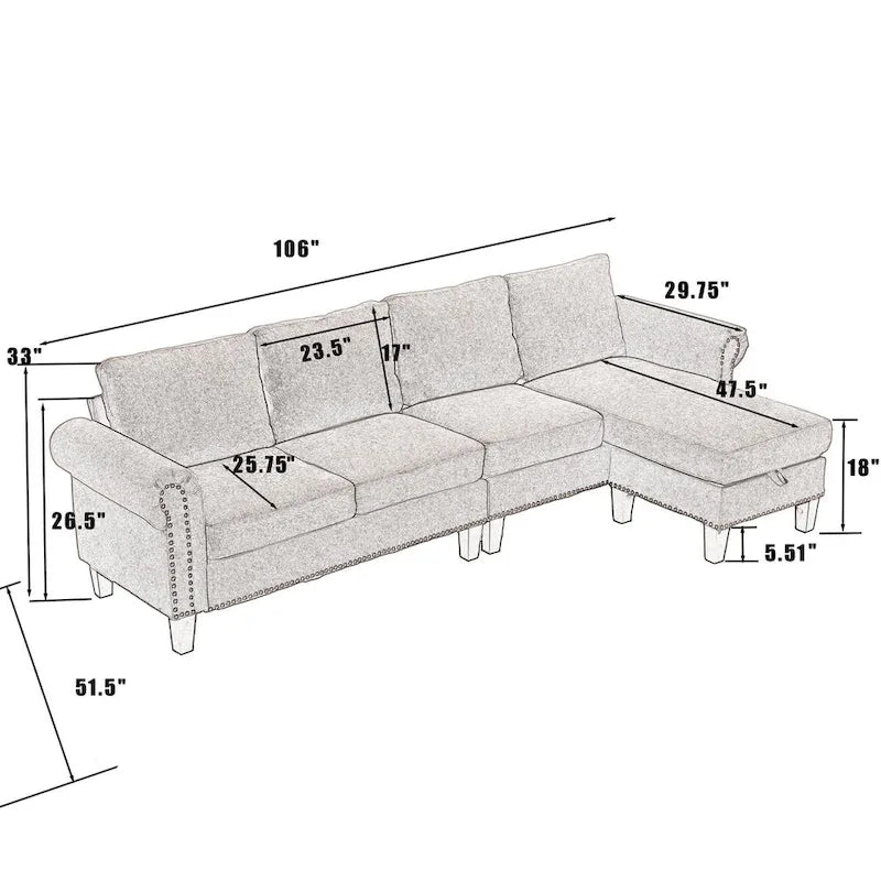 Canapé d'angle convertible avec pouf de rangement, canapé en L